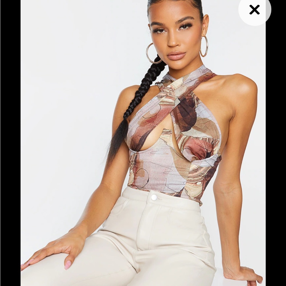 Beige Abstract Cross Over Top